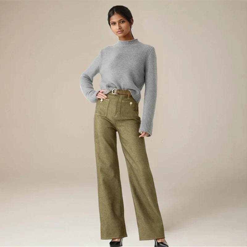 Wide-Leg Jeans with Front Button Pockets, High-Waisted Cypress Cotton Denim
