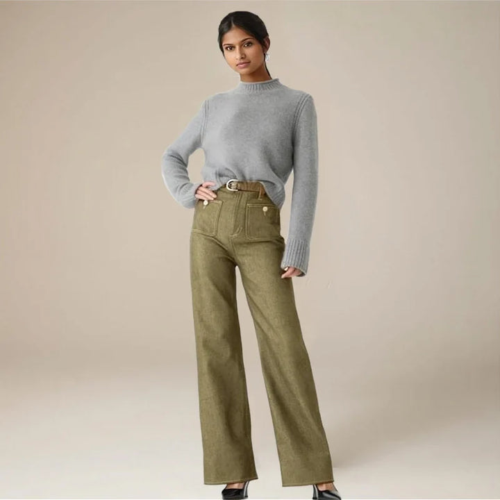 Wide-Leg Jeans with Front Button Pockets, High-Waisted Cypress Cotton Denim
