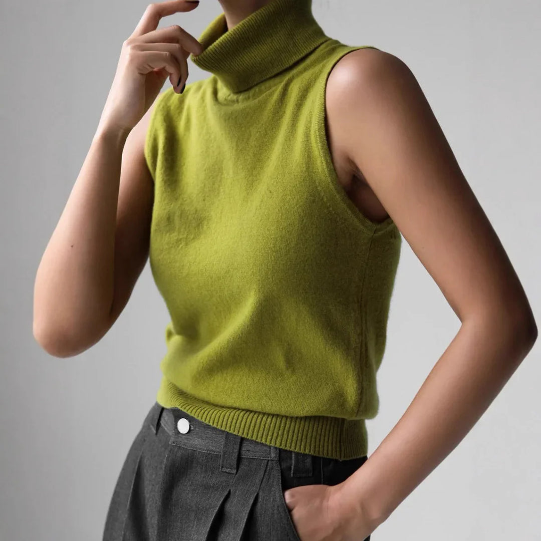 High-Neck Sweater Vest in Soft Wool-Cashmere Blend, Sleeveless Sculpted Fit with Structured Tall Neckline