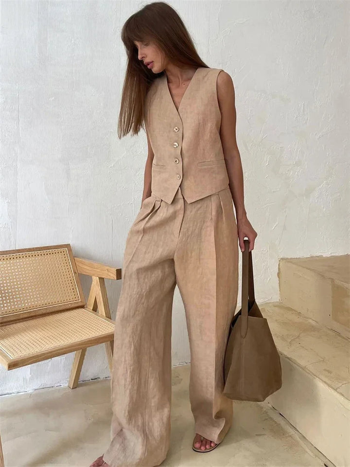 Linen Trouser Set with Buttoned Vest Top and Wide-Leg Pleated Trousers, Two-Piece Design
