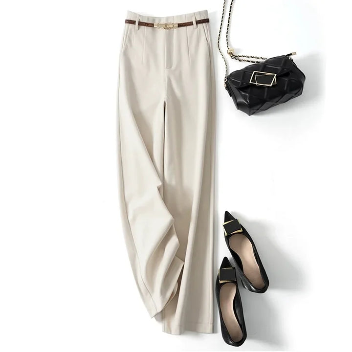 Wide Leg Wool Blend Trousers with High-Waist Fit, Tailored Crease, and Matching Belt