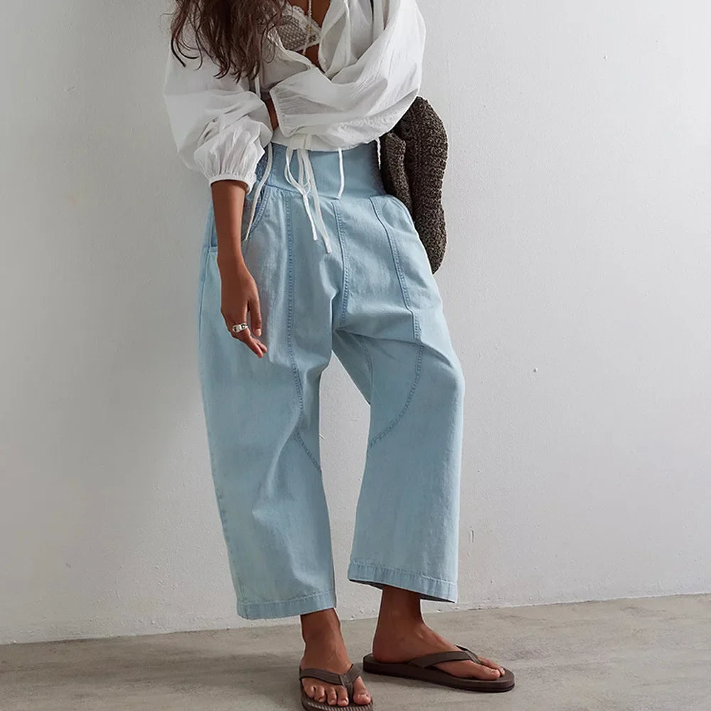 Wide Leg Harem Pants in Cotton-Linen Blend with Washed Denim Look and Curved Seam Design