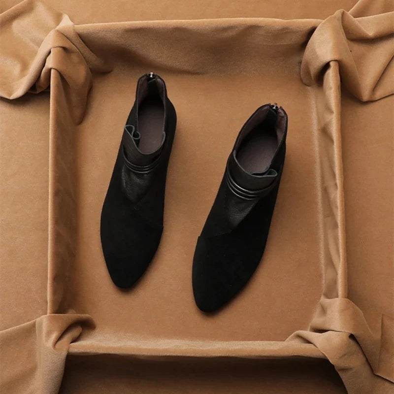 Suede Ankle Boots with Pointed Toe, Side Zip and Low Heel, Women's Vivienne