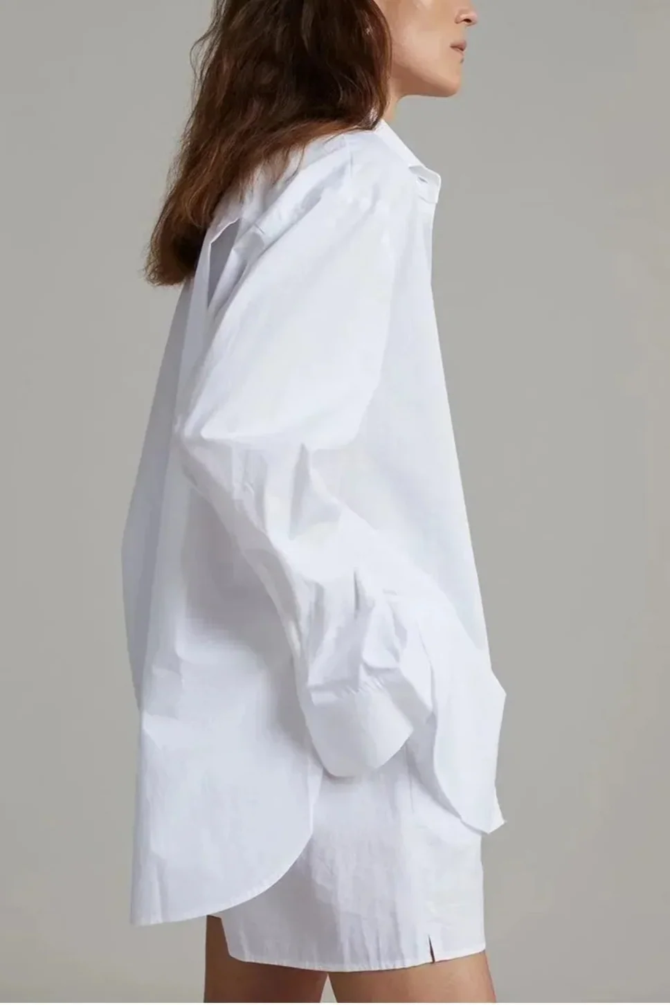 Cotton Poplin Two-Piece Set with Oversized Button-Down Shirt and Matching Shorts in Brown