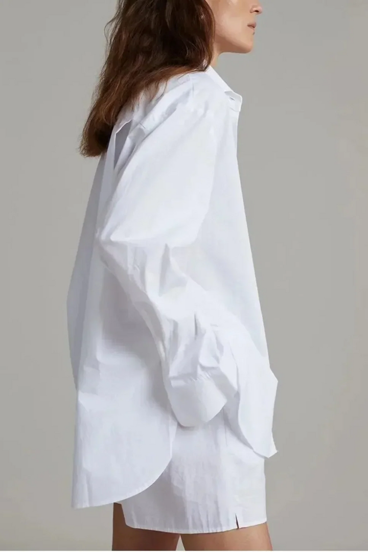 Cotton Poplin Two-Piece Set with Oversized Button-Down Shirt and Matching Shorts in Brown