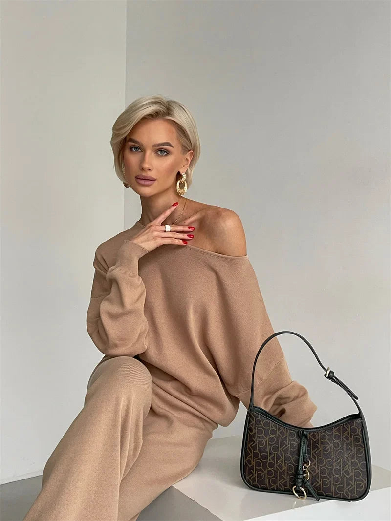 Off-Shoulder Loungewear Knit Set with Soft Flowing Fabric and Relaxed Fit in Camel