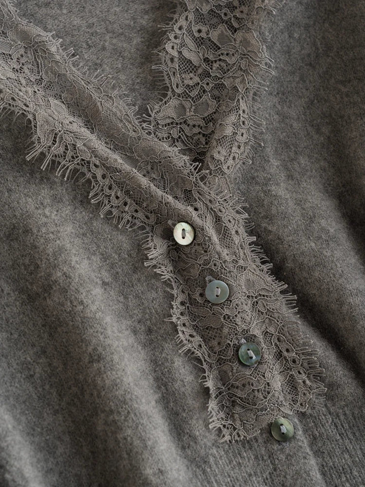 Cashmere Cardigan with Lace-Trim Detail and Relaxed Knit Fit in Khaki