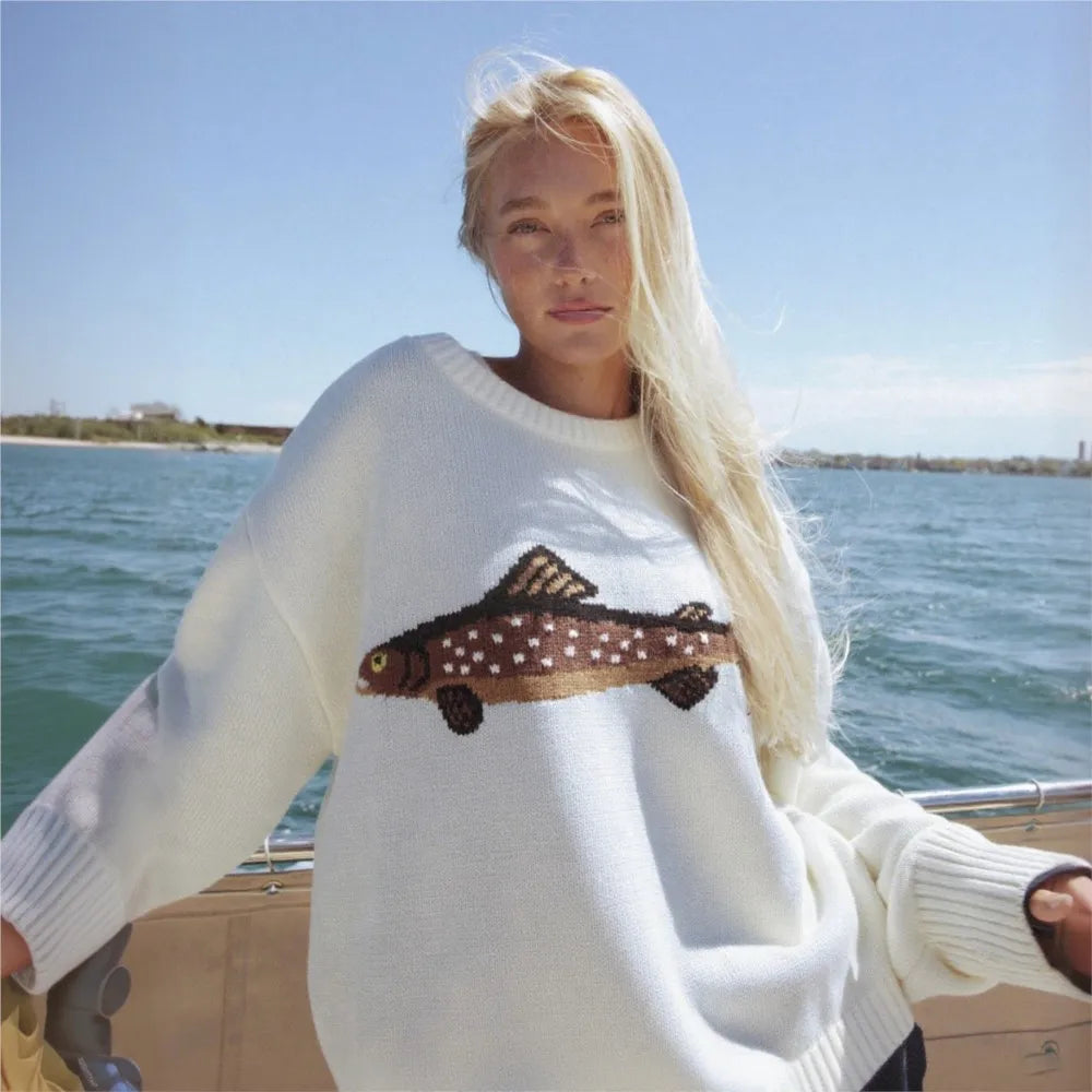Half-Zip Wool-Blend Sweater with Intarsia Fish Motif, Ribbed Cuffs, and Relaxed Oversized Fit