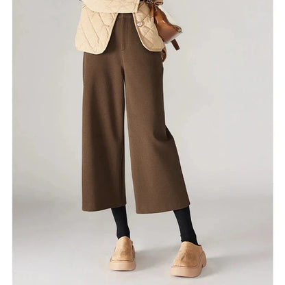 Wide Leg Wool Blend Pants with High-Waist Elastic Design and Ankle-Length Fit