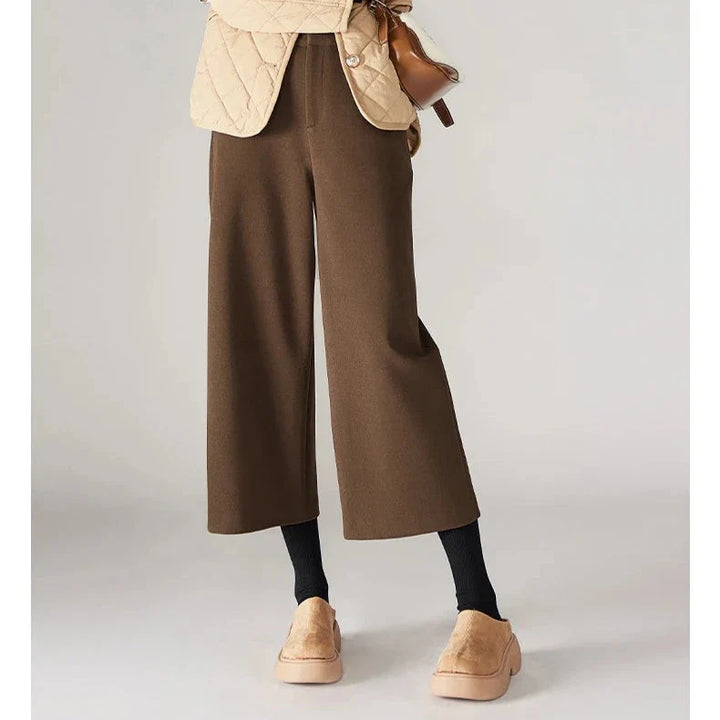 Wide Leg Wool Blend Pants with High-Waist Elastic Design and Ankle-Length Fit