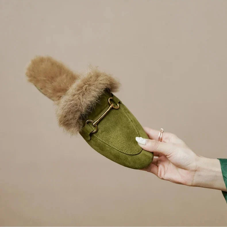 Fur-Lined Suede Mule Slippers with Premium Lamb and Rabbit Fur Lining and Gold-Tone Hardware