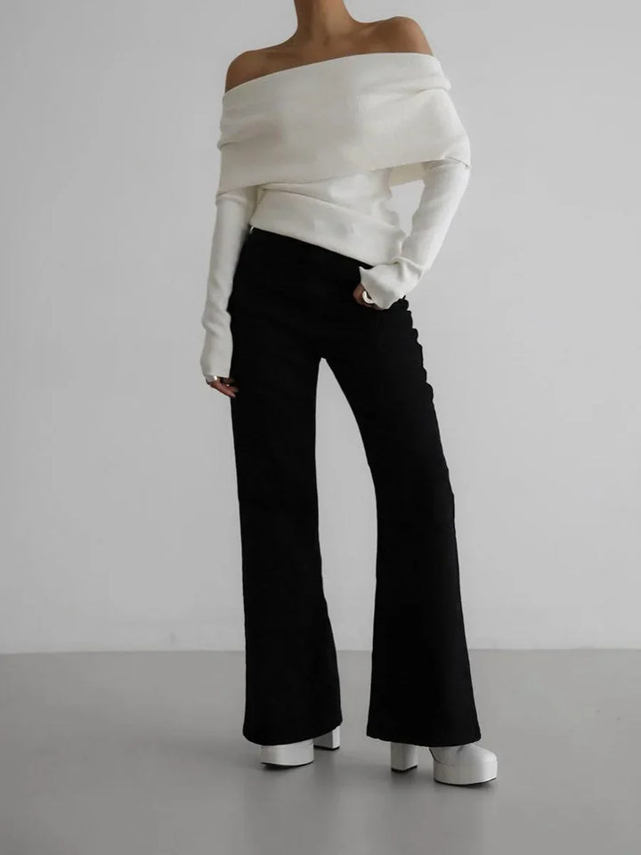 Off-Shoulder Sweater Top with Hand-Knitted Texture and Slim, Body-Skimming Fit