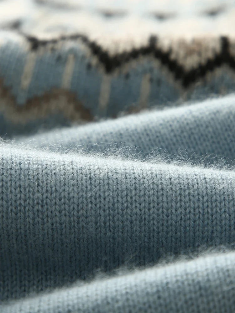 Fair Isle Jacquard Mock Neck Sweater in Cashmere-Soft Knit, Camel Colorway