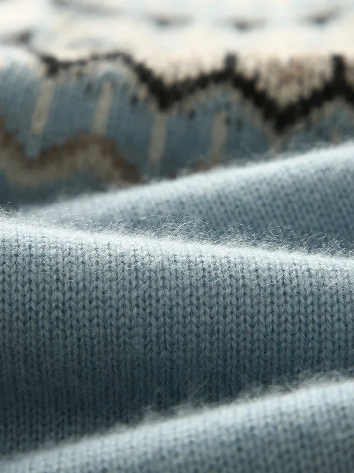 Fair Isle Jacquard Mock Neck Sweater in Cashmere-Soft Knit, Camel Colorway