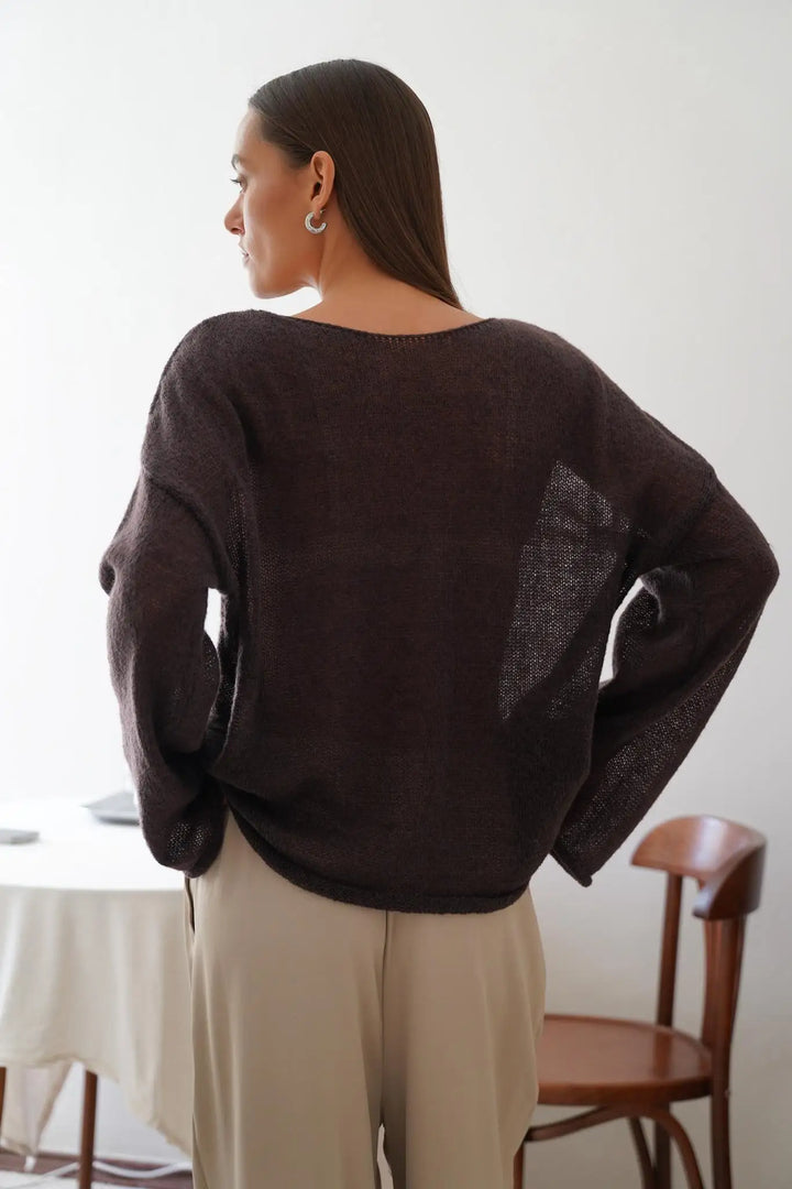 Boatneck Sweater in Merino Wool Blend with Relaxed Fit and Long Sleeves