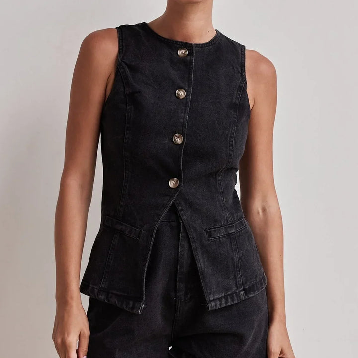 Denim Vest and Wide-Leg Shorts Set with Tortoise Buttons and High-Rise Cinched Waist