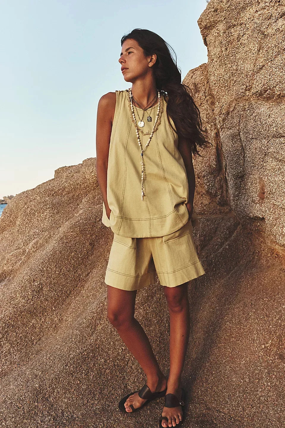 Two-Piece Cotton Set, Cropped Tank Top and Elastic-Waist Shorts with Raw Seam Detailing in Sunwashed Yellow