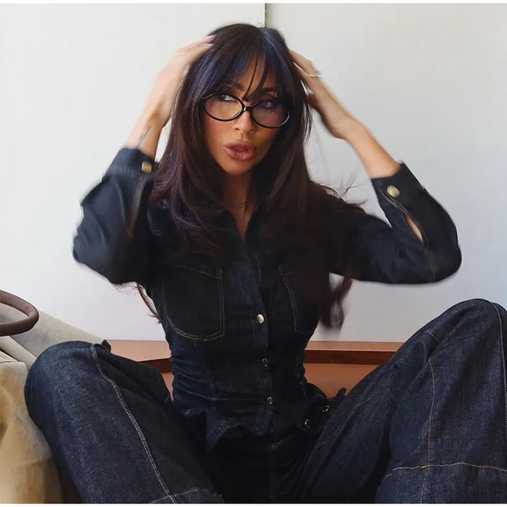 Denim Two-Piece Set with Tailored Button Jacket, Wide-Leg Pants, and Gold Hardware