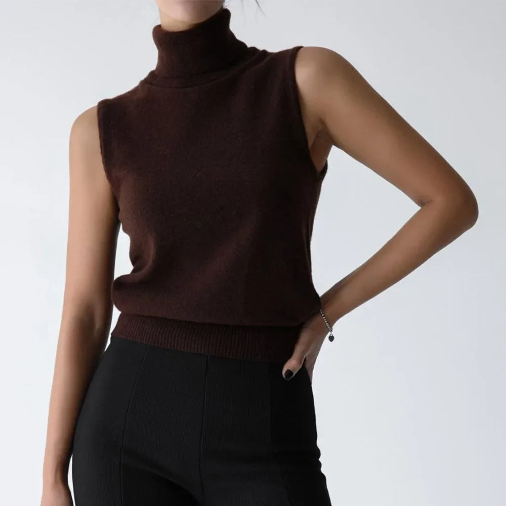 High-Neck Sweater Vest in Soft Wool-Cashmere Blend, Sleeveless Sculpted Fit with Structured Tall Neckline