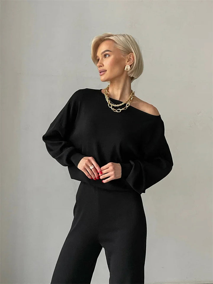 Off-Shoulder Loungewear Knit Set with Soft Flowing Fabric and Relaxed Fit in Camel