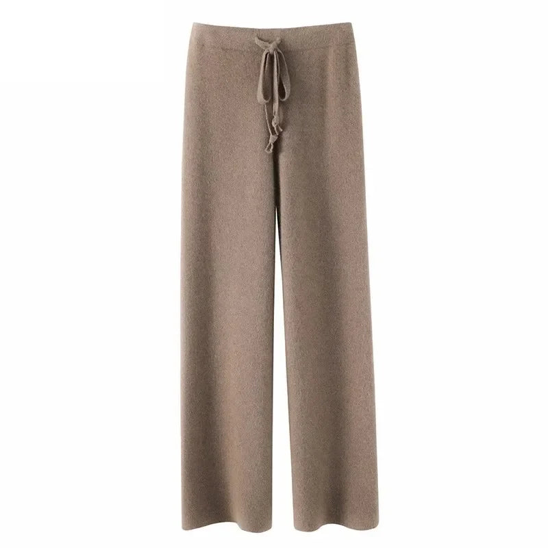 Sweatpants in Cashmere Wool Blend with Adjustable High-Rise Elastic Waist, Khaki