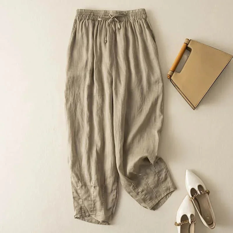 Linen Pants with Elastic Drawstring Waist and Billowed Leg Silhouette in Khaki Cotton-Linen Blend