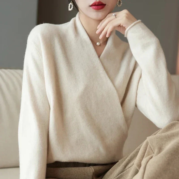 V-Neck Wrap Sweater in Soft Cashmere Knit with Relaxed Minimalist Fit for Effortless Layering