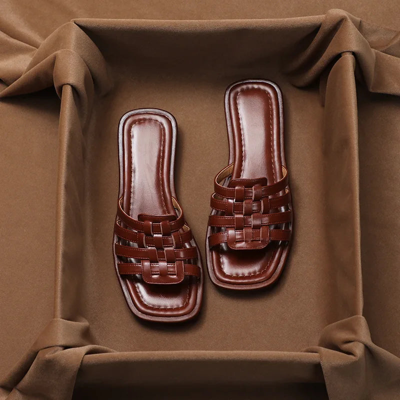 Woven Slides with Cushioned Footbed, Square Open Toe and Slight Heel Lift