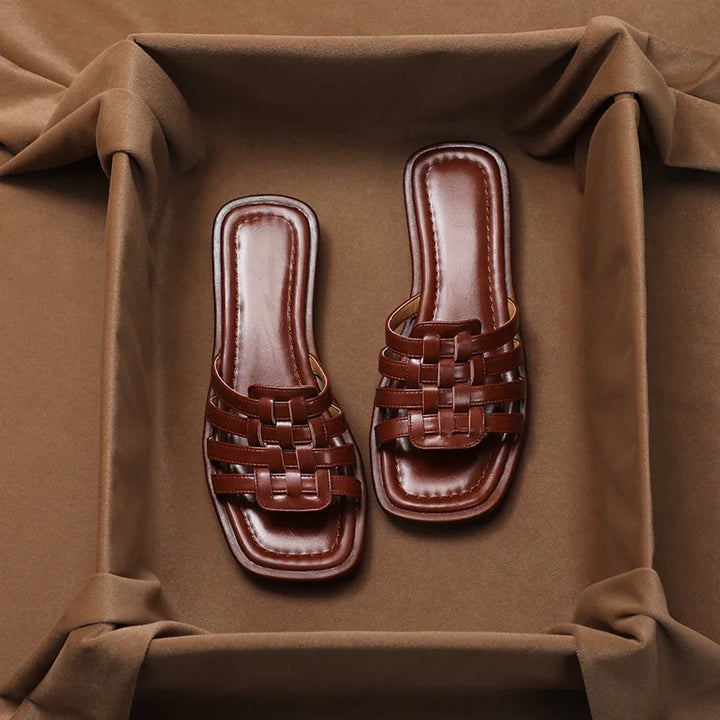Woven Slides with Cushioned Footbed, Square Open Toe and Slight Heel Lift