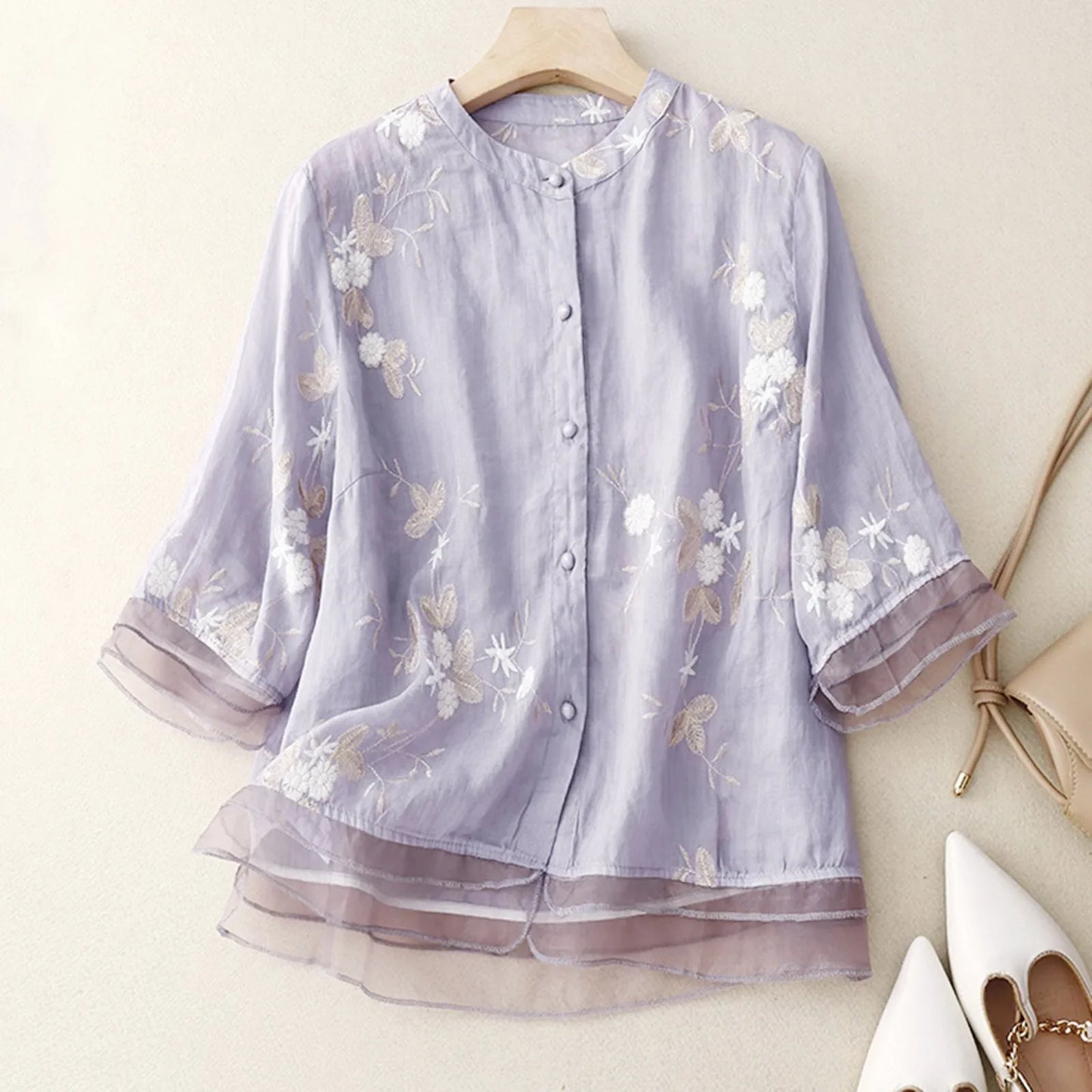 Cotton Blouse with Sheer Double Cuffs and Botanical Embroidery, Flowing Vintage-Inspired Fit