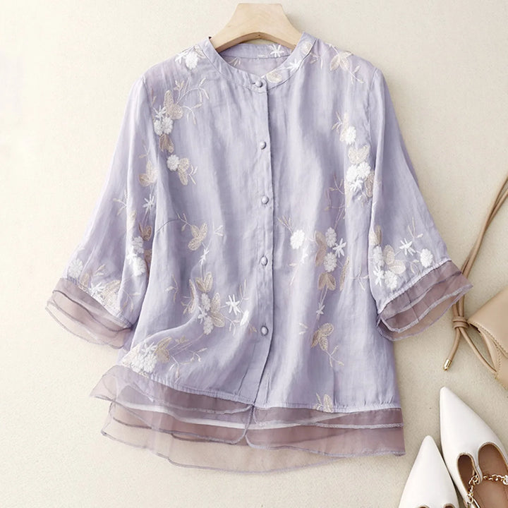Cotton Blouse with Sheer Double Cuffs and Botanical Embroidery, Flowing Vintage-Inspired Fit