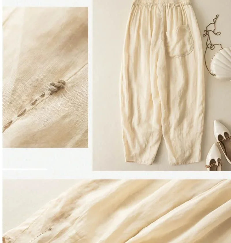 Linen Pants with Elastic Drawstring Waist and Billowed Leg Silhouette in Khaki Cotton-Linen Blend