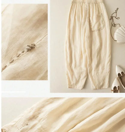 Linen Pants with Elastic Drawstring Waist and Billowed Leg Silhouette in Khaki Cotton-Linen Blend