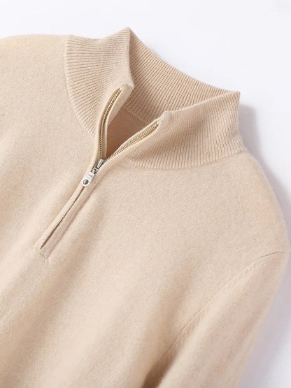 Cashmere Half-Zip Pullover Sweater with Stand-Up Collar, Standard Fit, Beige