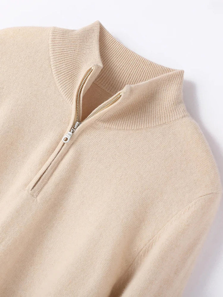 Cashmere Half-Zip Pullover Sweater with Stand-Up Collar, Standard Fit, Beige