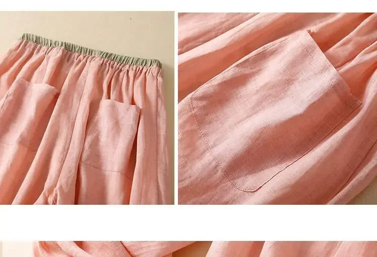 Linen Trousers in Soft Pink with High-Stretch Waist and Relaxed Tapered Fit