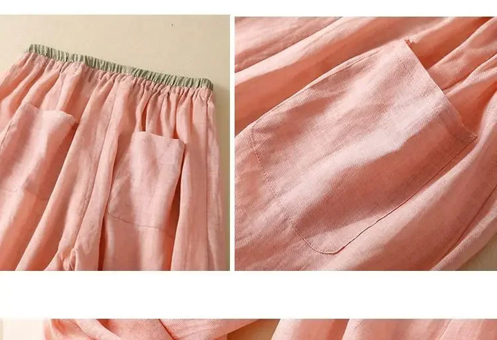 Linen Trousers in Soft Pink with High-Stretch Waist and Relaxed Tapered Fit