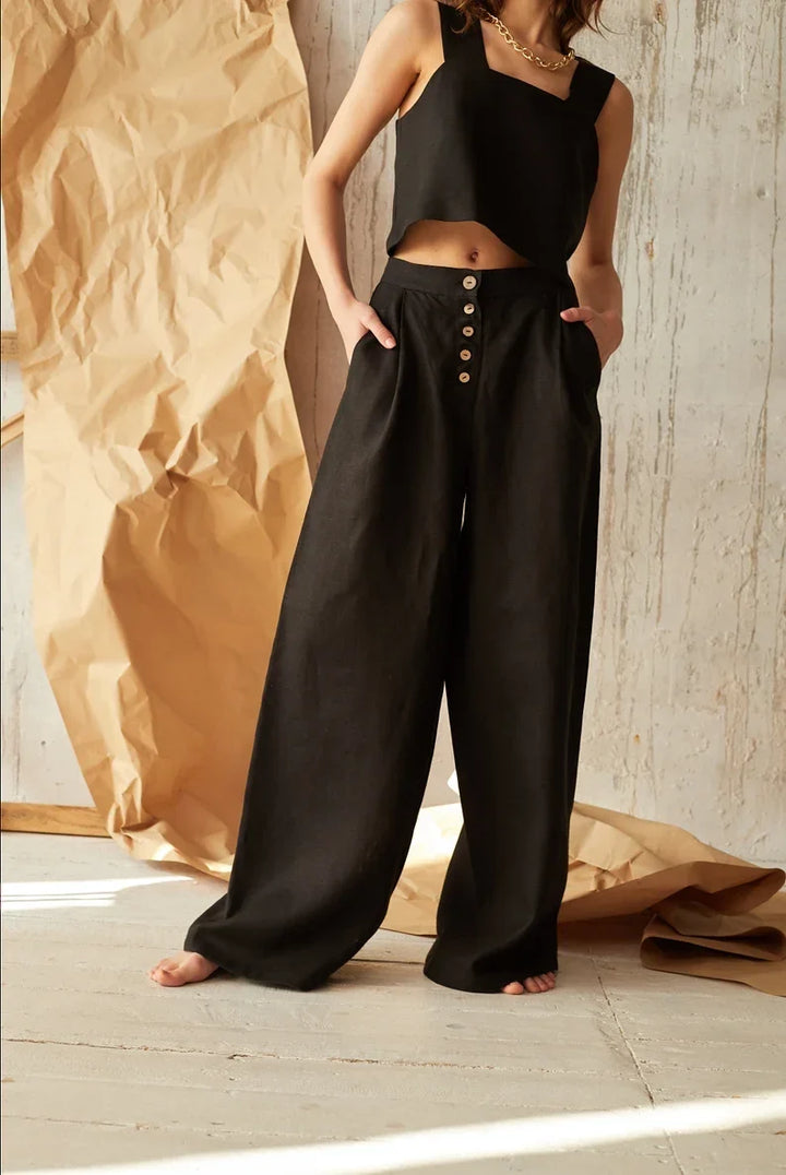 Wide-Leg Pant in 100% Cotton with Hidden Elastic Waistband, Button-Fly Front, and Ankle-Length Cut