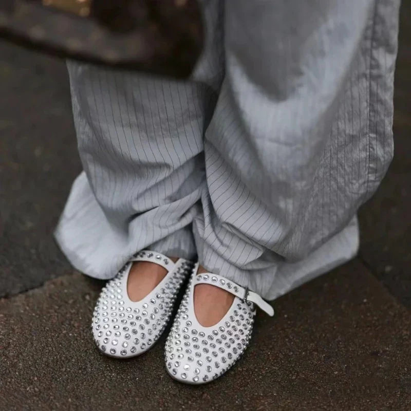 Mary Jane Flats with Crystal-Studded Leather Upper and Adjustable Ankle Strap