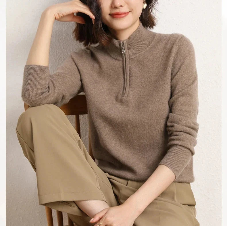 Cashmere Half-Zip Pullover Sweater with Stand-Up Collar, Standard Fit, Beige