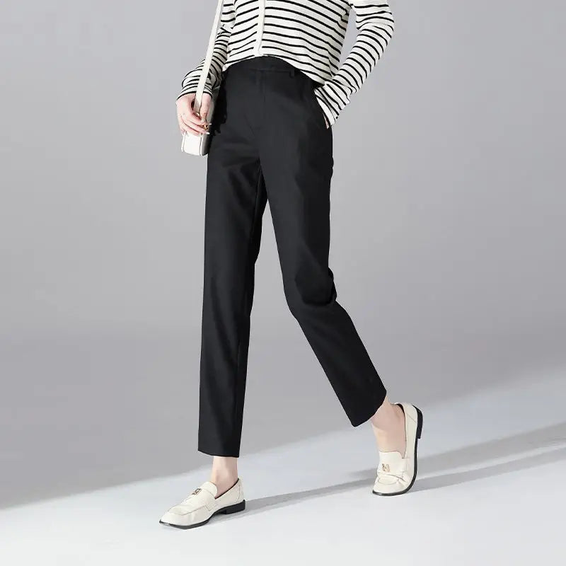 High-Waist Trousers with Elastic Waistband, Ankle-Length Slim Tailored Fit in Gray