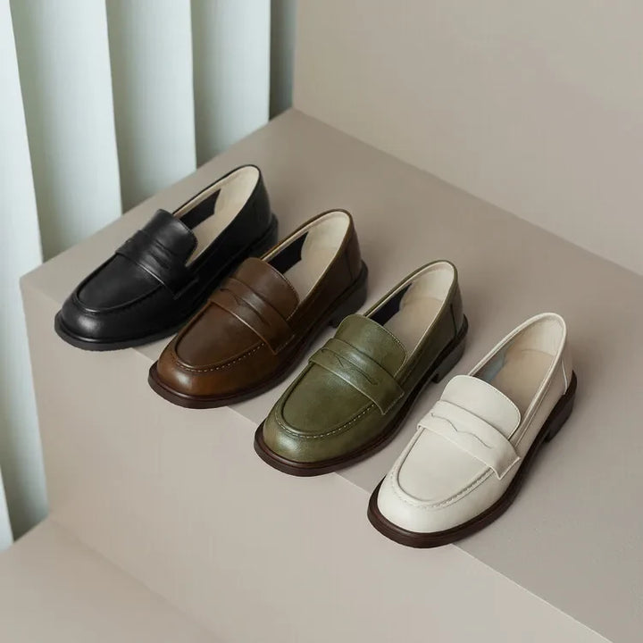 Round Toe Leather Loafers with Cushioned Support and Stacked Heel in Olive