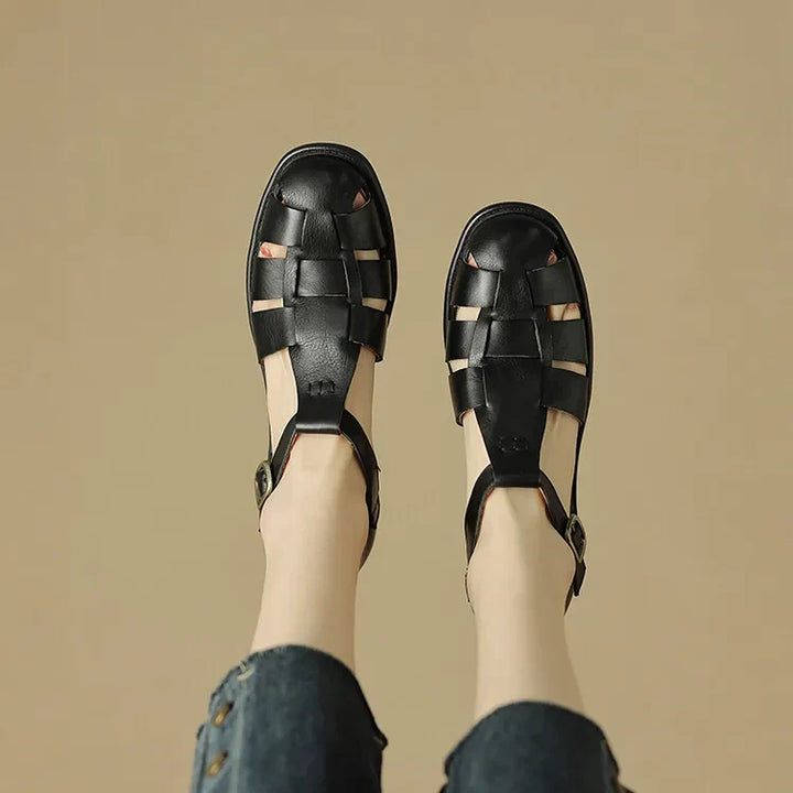 Handwoven Leather Sandals with Adjustable T-Strap Buckle and Low Stacked Heel