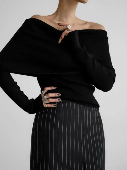 Off-Shoulder Sweater Top with Hand-Knitted Texture and Slim, Body-Skimming Fit