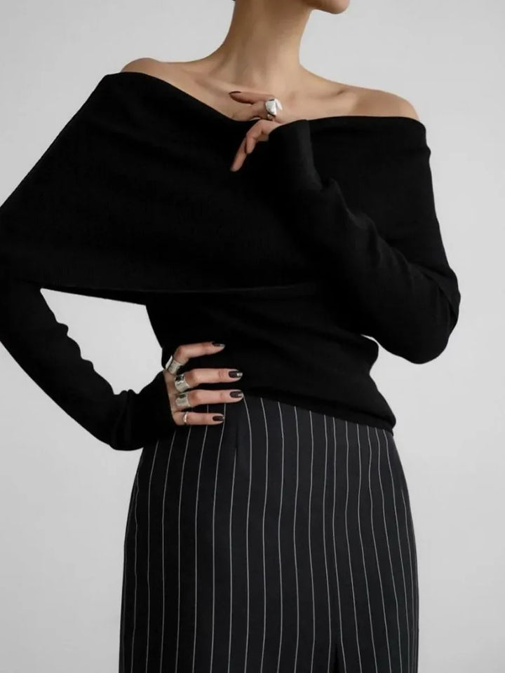 Off-Shoulder Sweater Top with Hand-Knitted Texture and Slim, Body-Skimming Fit