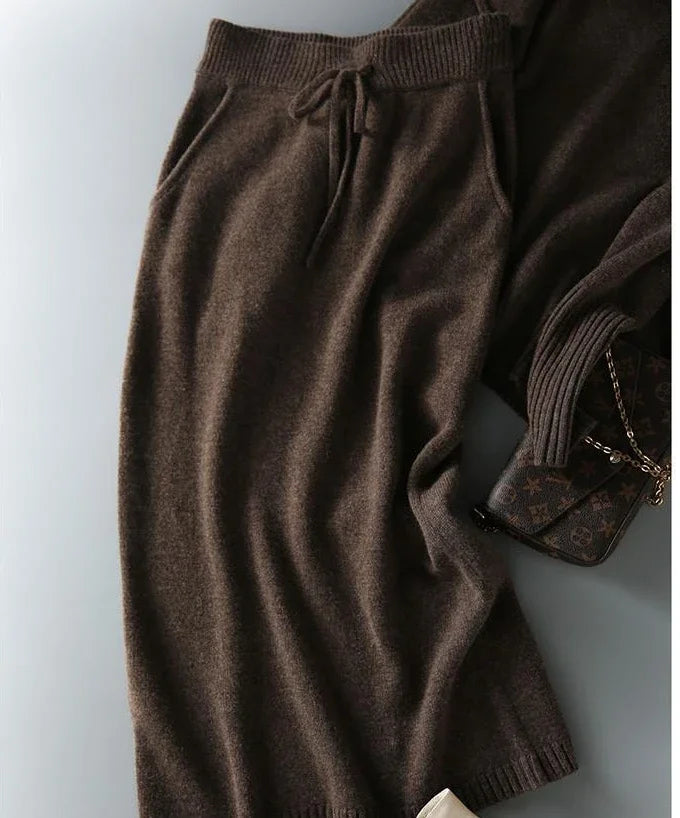 Knit Sweater and Skirt Two-Piece Set with Relaxed Pullover Fit and Ribbed Texture in Khaki