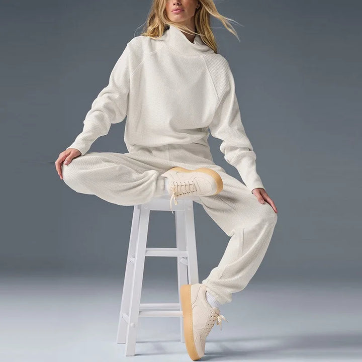 Waffle Knit Loungewear Set for Women, Soft Cotton Blend Top and Pants in White
