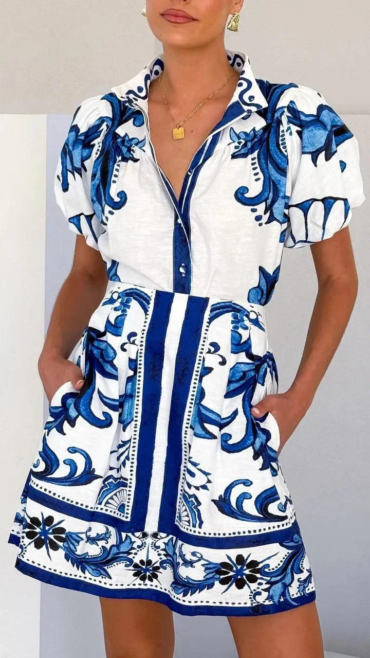 Floral Skirt Co-ord Set in Cotton-Linen Blend with Puff Sleeves and High-Contrast Trim