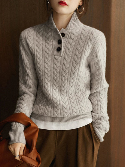 Cable-Knit Sweater with Cashmere Blend, Button-Up Stand Collar and Snug Fit