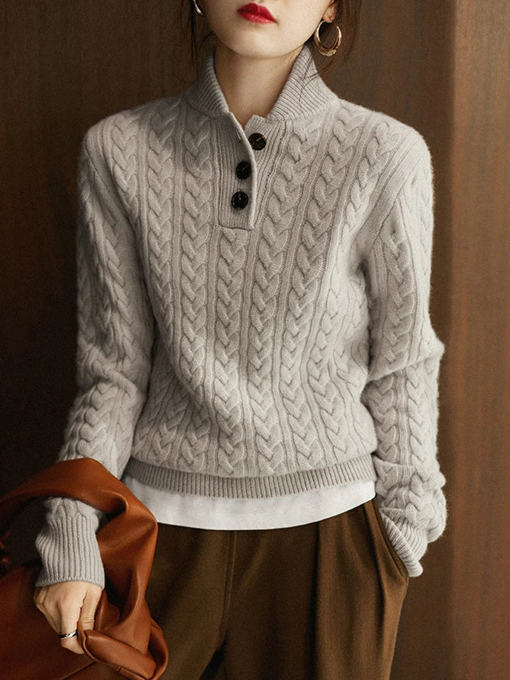 Cable-Knit Sweater with Cashmere Blend, Button-Up Stand Collar and Snug Fit